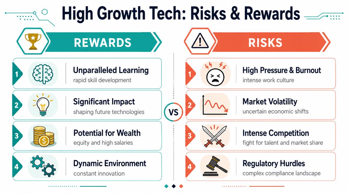 An infographic comparing the benefits and challenges of working in high growth tech industries.