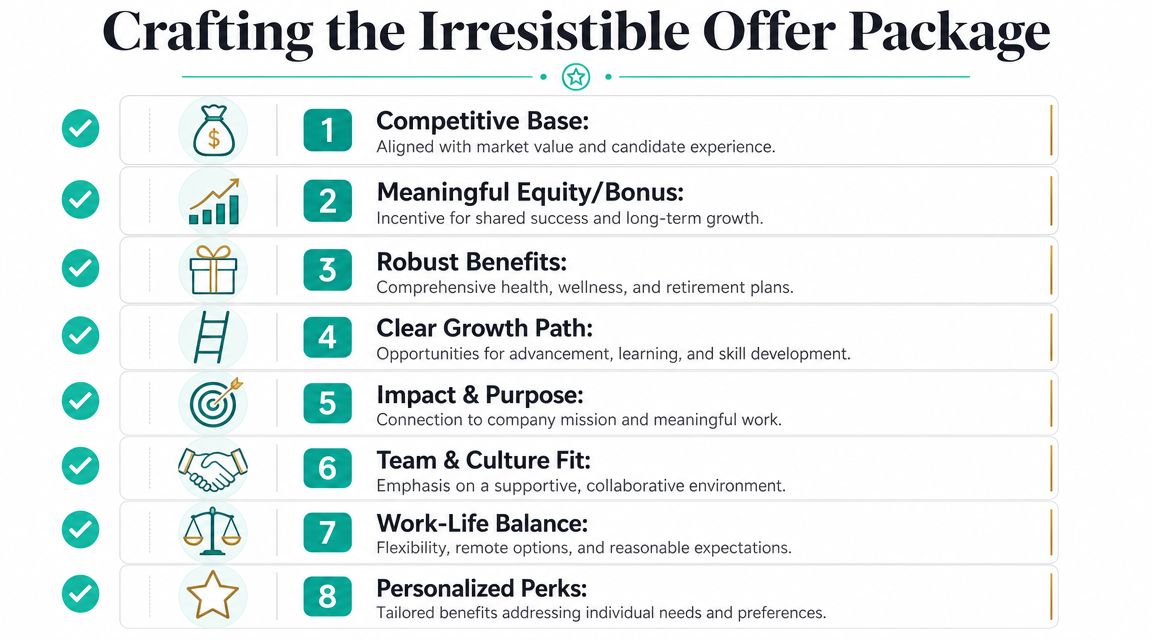 An infographic titled Crafting the Irresistible Offer Package listing eight key components for employee recruitment and satisfaction.