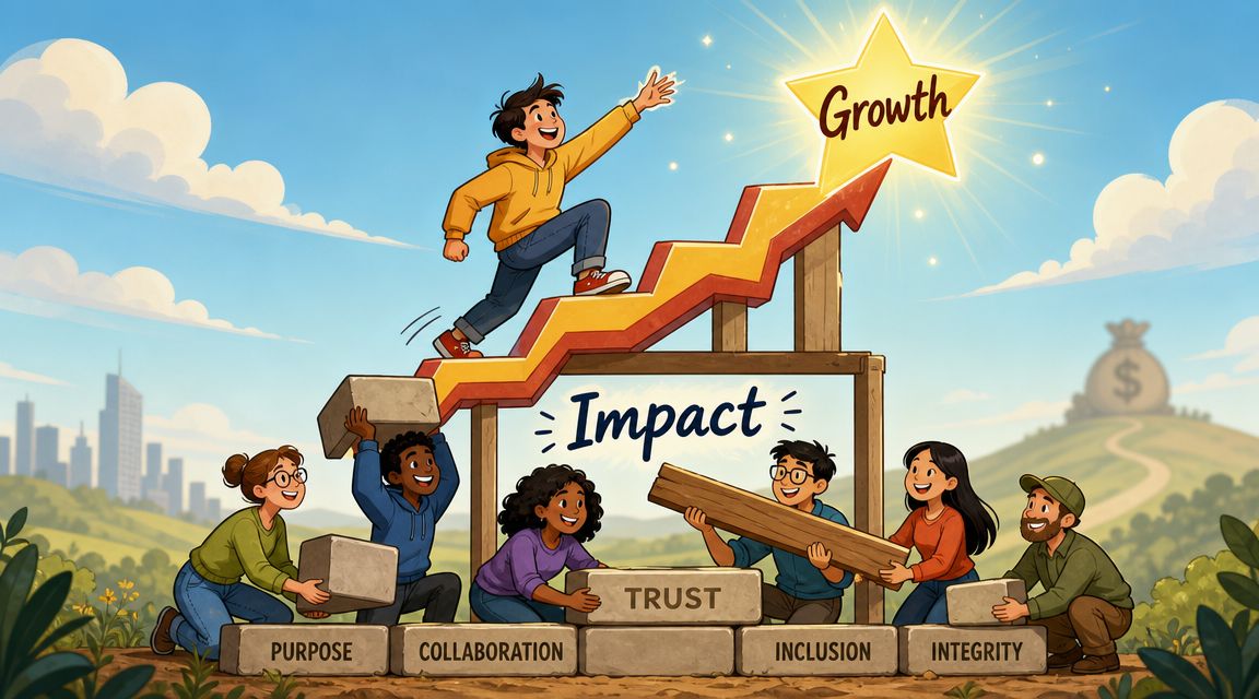 A diverse group of people collaborating to build a foundation of values supporting professional growth.