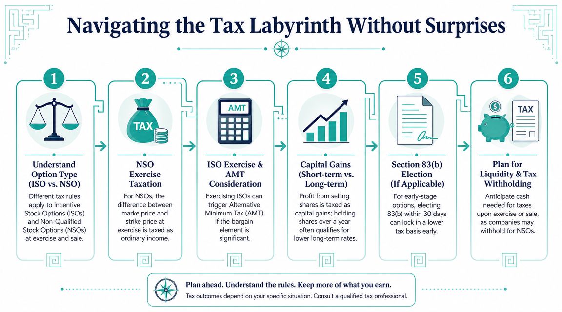 A six-step infographic illustrating the tax considerations for navigating private company stock options, ISOs, and NSOs.