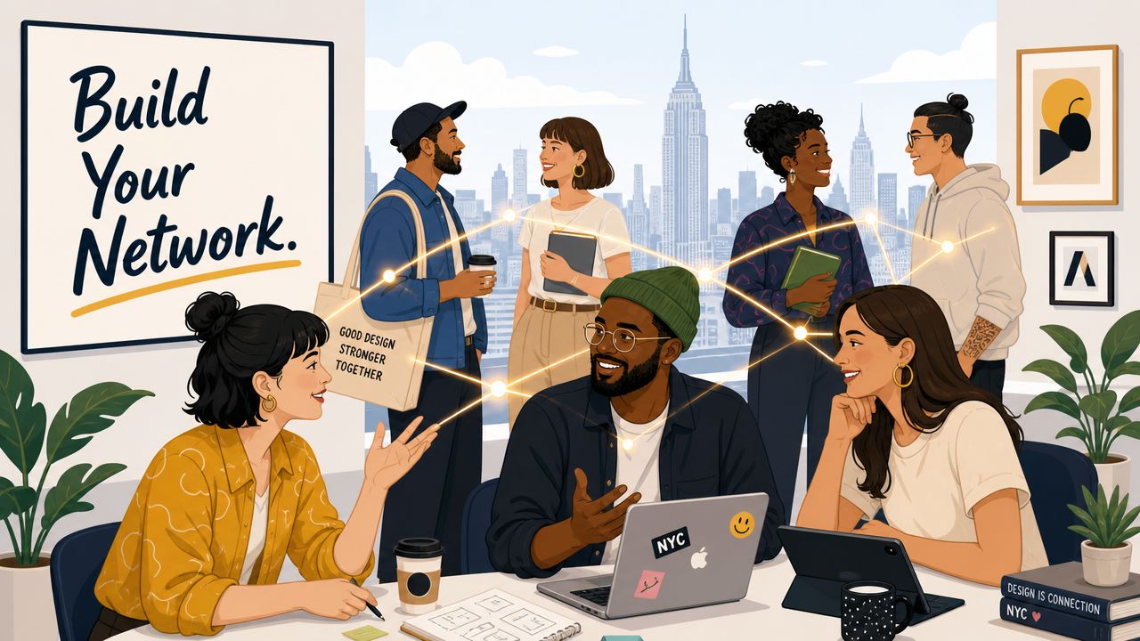 A diverse group of creative professionals collaborating in a modern office with New York City skyline views.