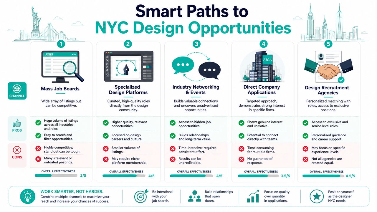 An infographic titled Smart Paths to NYC Design Opportunities outlining five different job search strategies for designers.