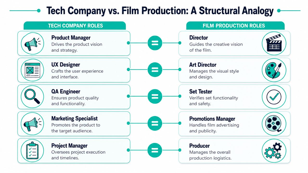 A comparison chart showing the structural analogy between tech company roles and film production roles.