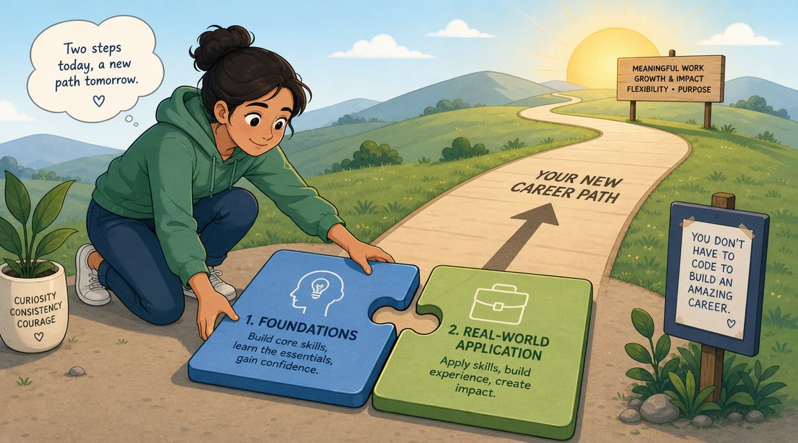 An illustration of a young woman placing puzzle pieces on a path representing career growth steps.