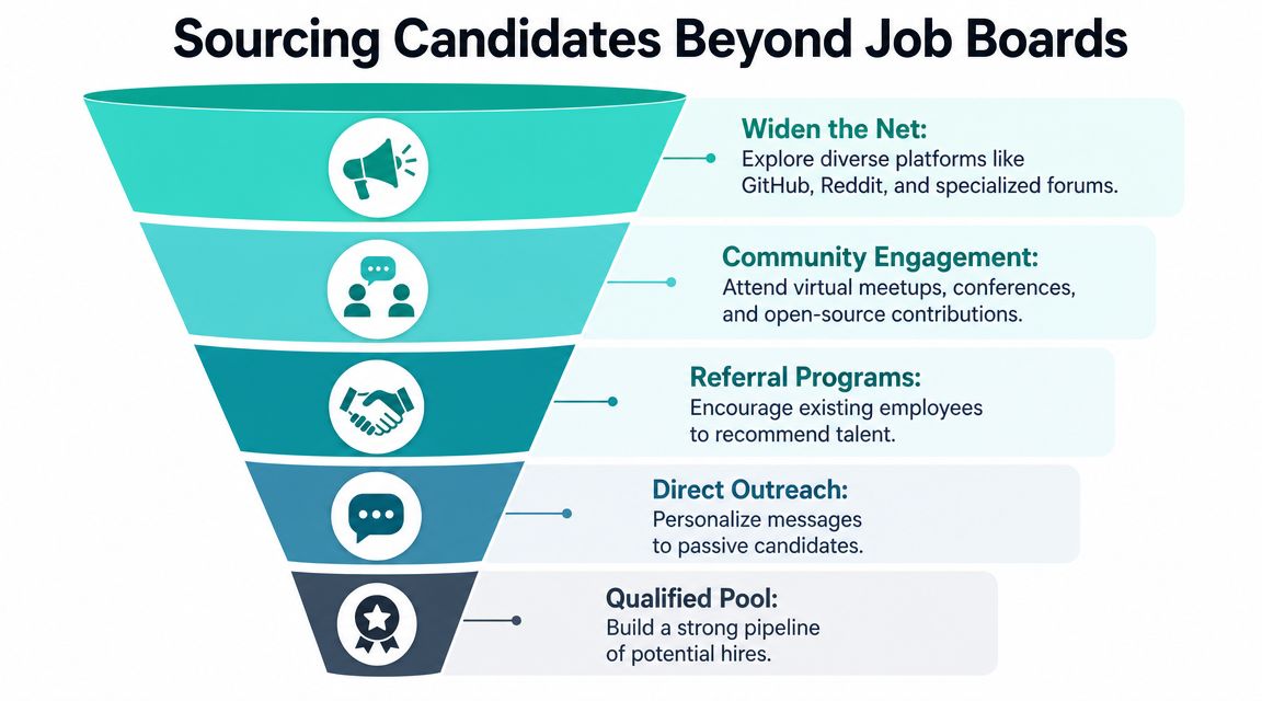 A funnel diagram illustrating five professional strategies for sourcing job candidates beyond traditional online job boards.