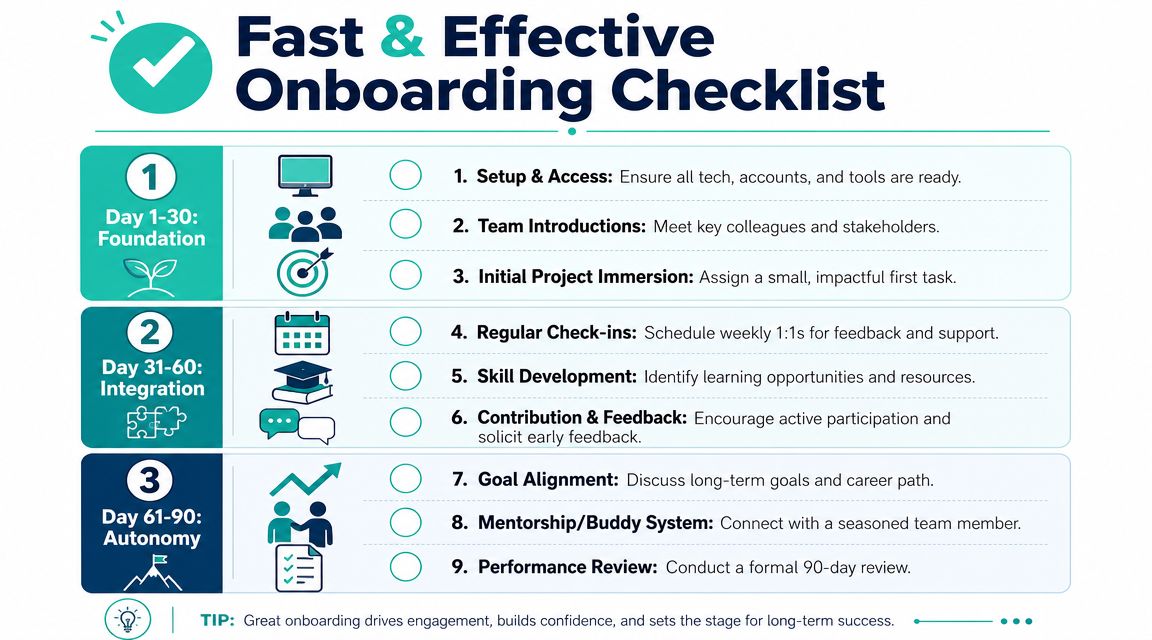 A structured 90-day employee onboarding checklist divided into three phases for new hire training and success.