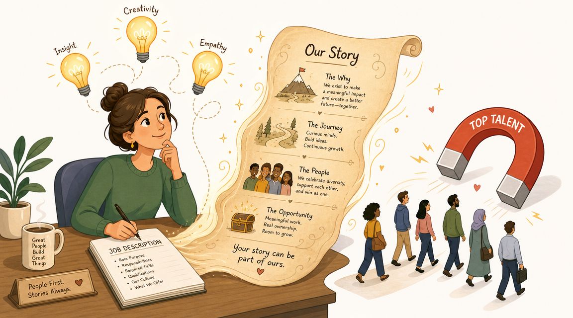 A woman drafting a job description for talent recruitment, showcasing company culture and attracting top employees.