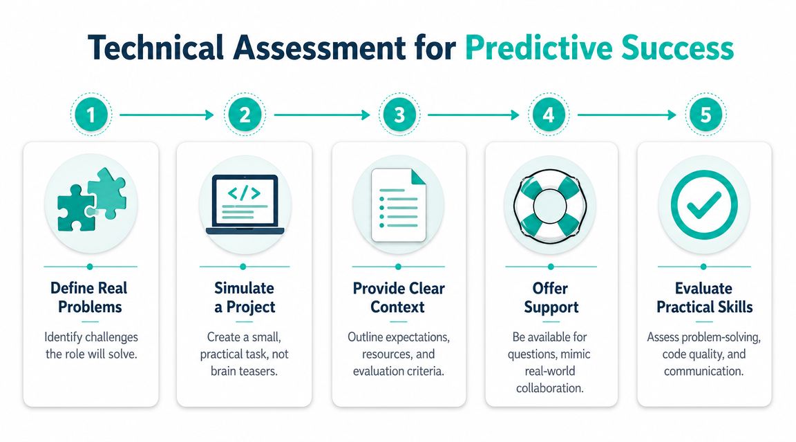 A five-step infographic showing how to perform technical assessments to successfully hire a front end developer.