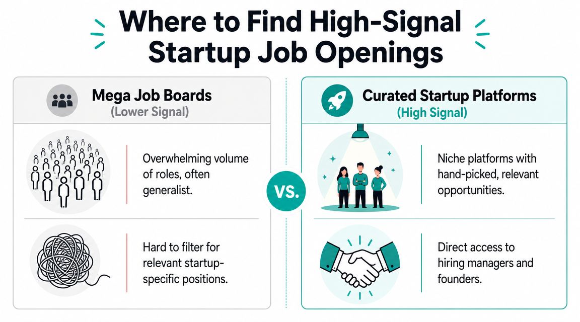 A comparison infographic between large general job boards and curated startup job platforms for high-signal opportunities.