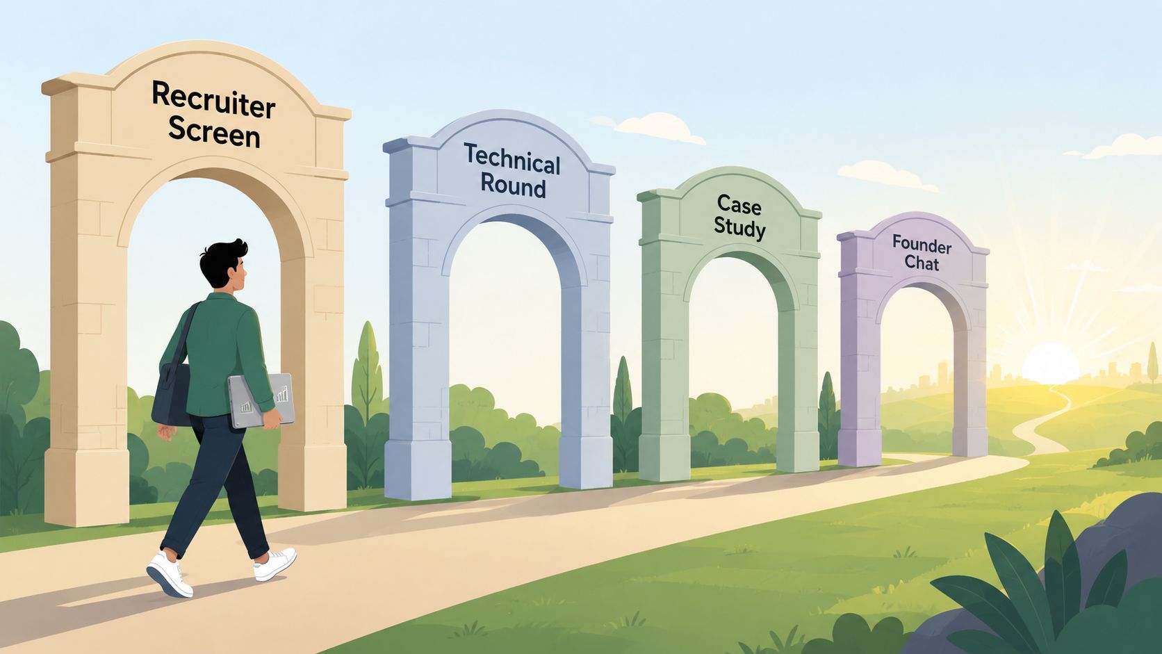 A job seeker walking through four stone archway gates representing the stages of a startup hiring process.