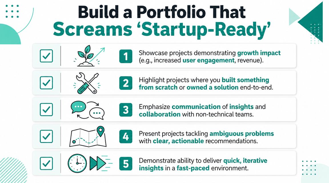 An infographic showing five tips for creating a startup-ready professional portfolio for data analyst roles.