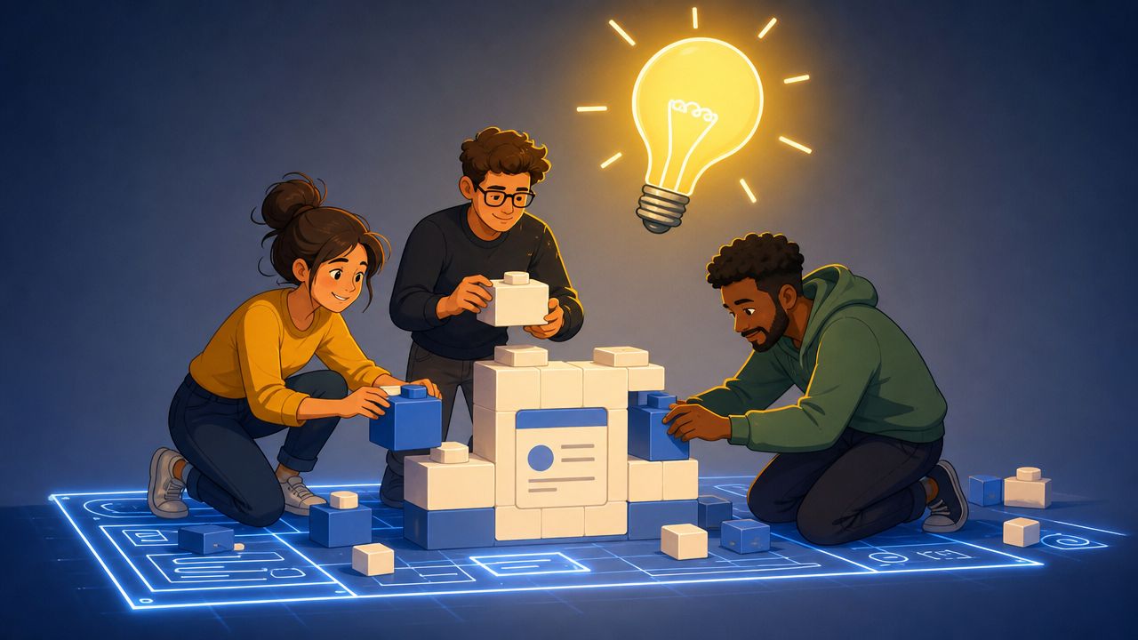 Three creative team members collaborating to build a startup project using modular blocks on a blue blueprint.