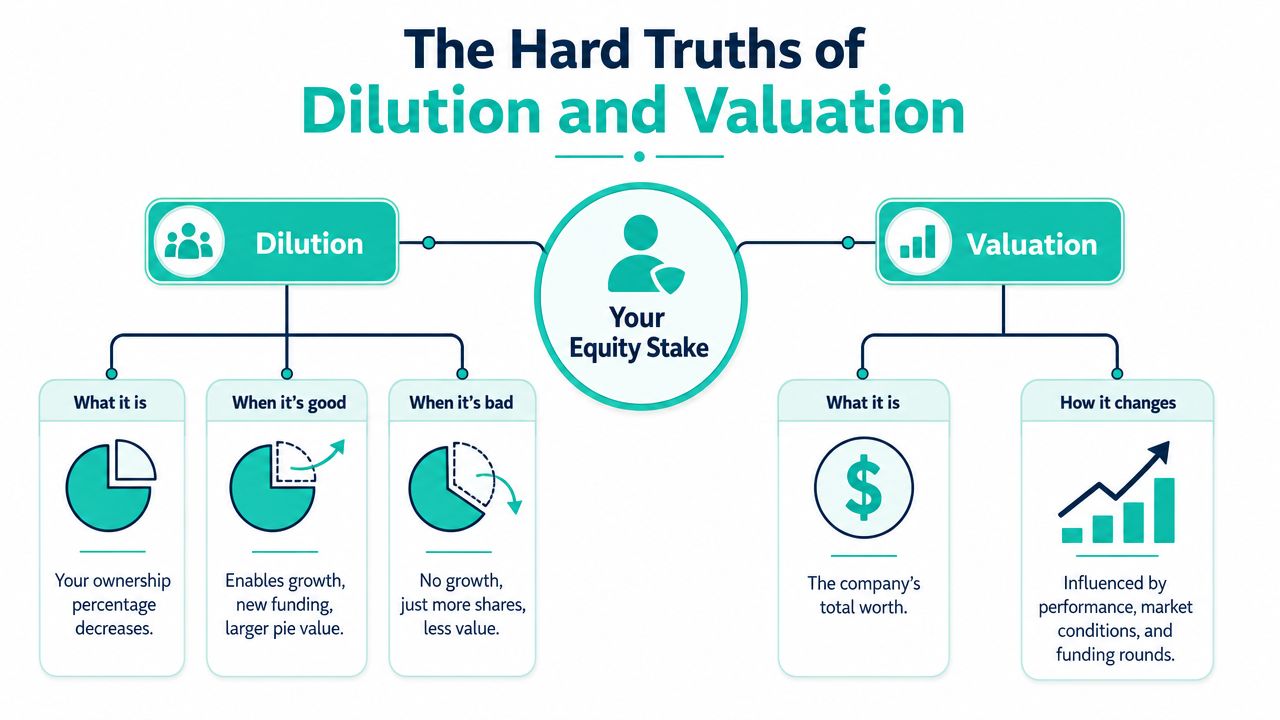 A diagram explaining the concepts of dilution and valuation in relation to a founder's equity stake.