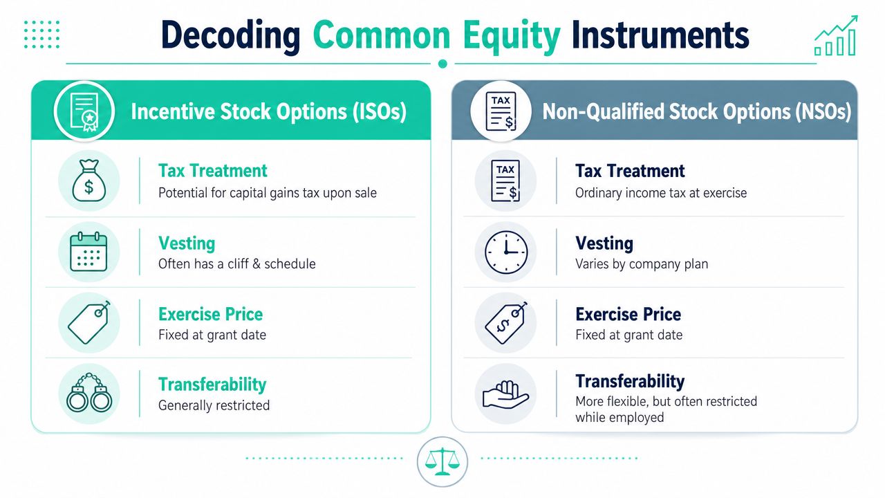 A comparison chart explaining the differences between Incentive Stock Options and Non-Qualified Stock Options for employees.