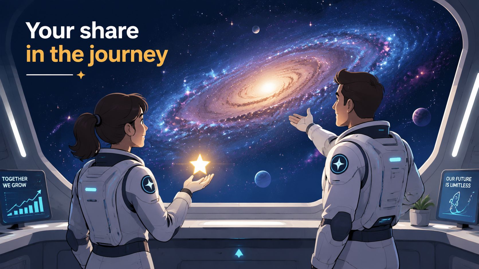 Two astronauts inside a space station looking out at a vibrant galaxy through a large window.