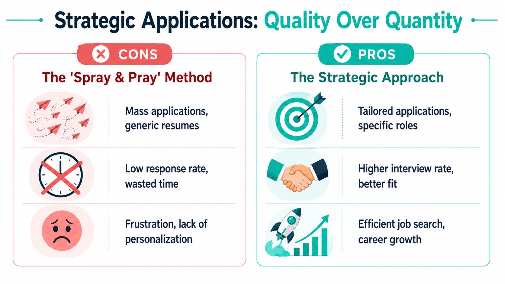 A comparison chart showing the benefits of strategic job applications over the spray and pray method.