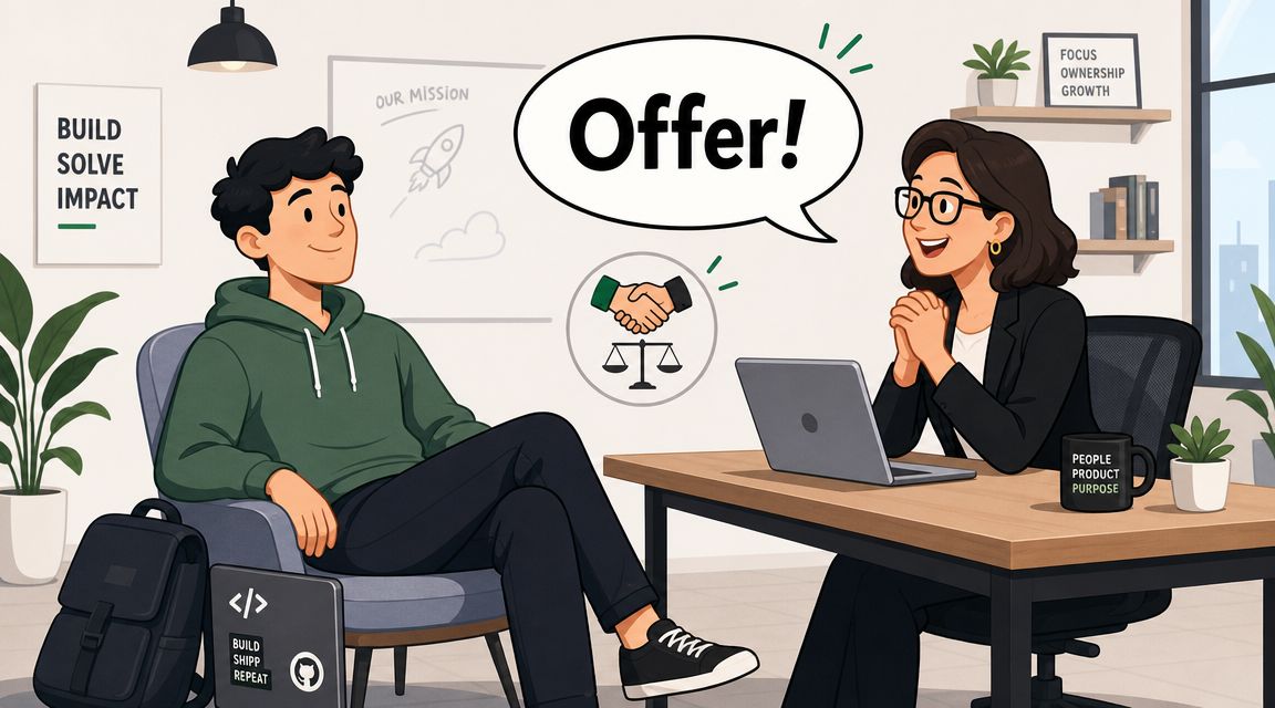 A professional recruiter offering a new job position to a software engineer candidate during an office interview.
