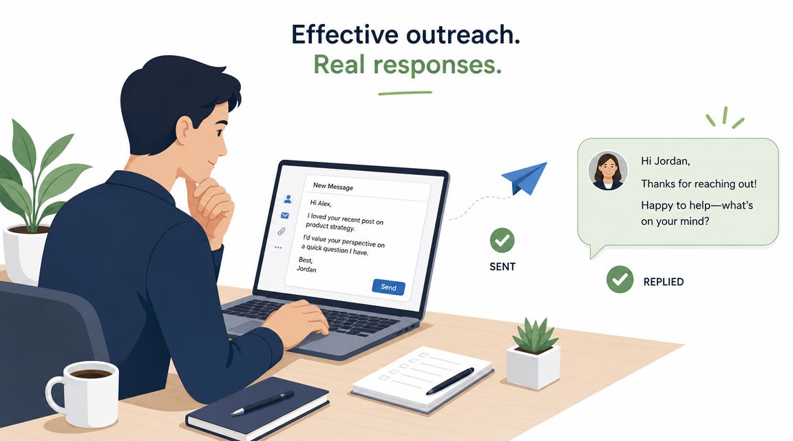 A professional man using a laptop to send outreach messages and receiving a successful reply notification.