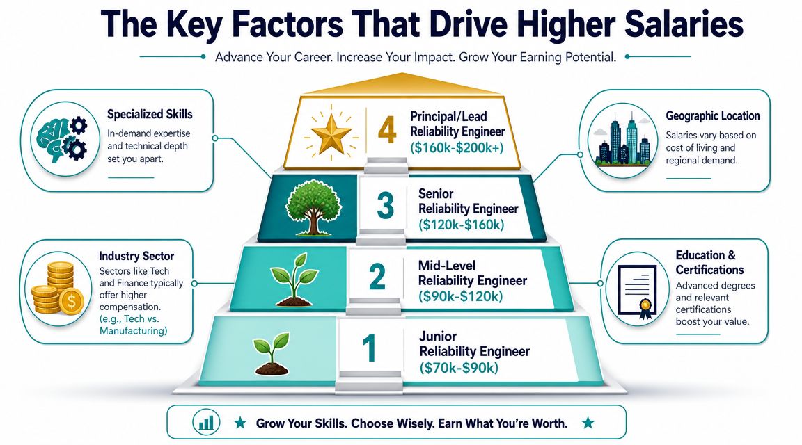A pyramid chart illustrating salary progression for reliability engineers, from junior level to principal roles.