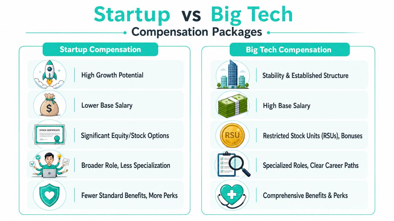 A comparison infographic showing the key differences in compensation packages between tech startups and large corporations.