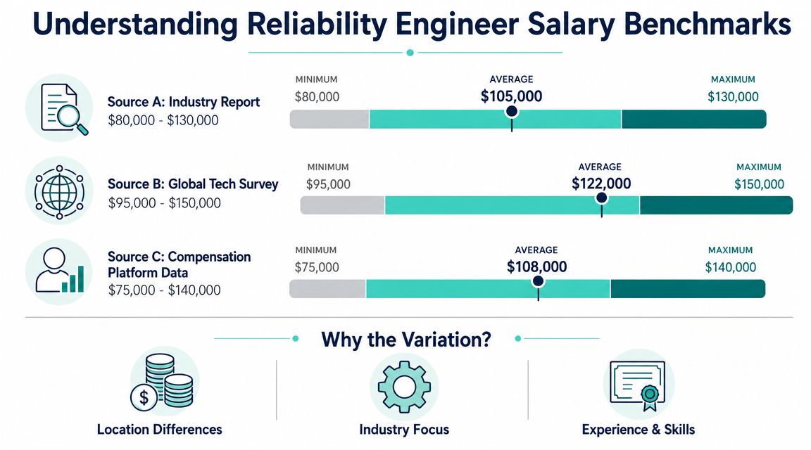 A chart comparing reliability engineer salary benchmarks across three different data sources including average, minimum, and maximum figures.