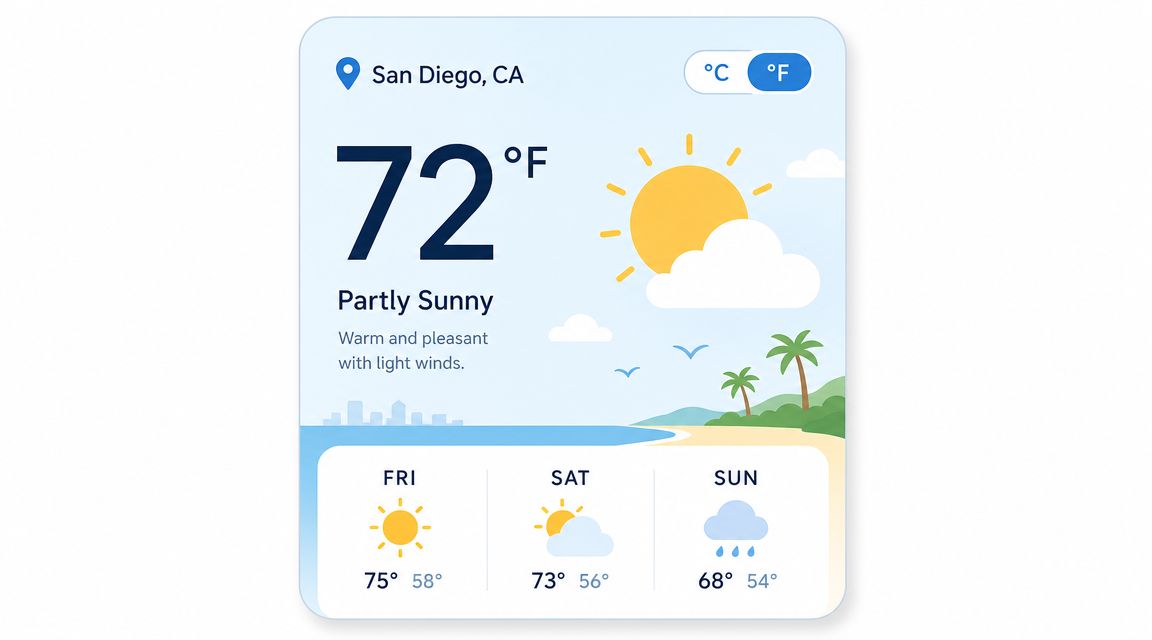 A digital weather forecast dashboard for San Diego, California, showing current temperature and a three-day outlook.