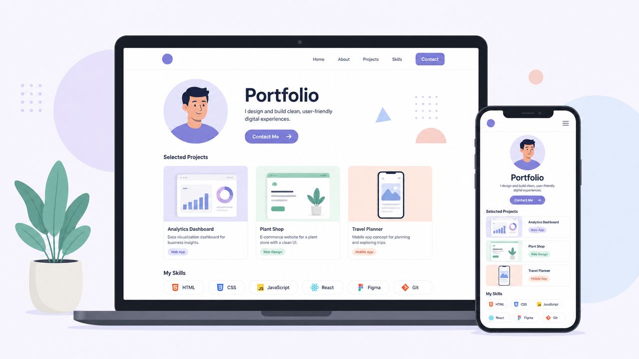 A laptop and smartphone displaying a modern, clean personal portfolio website design for a digital creator.