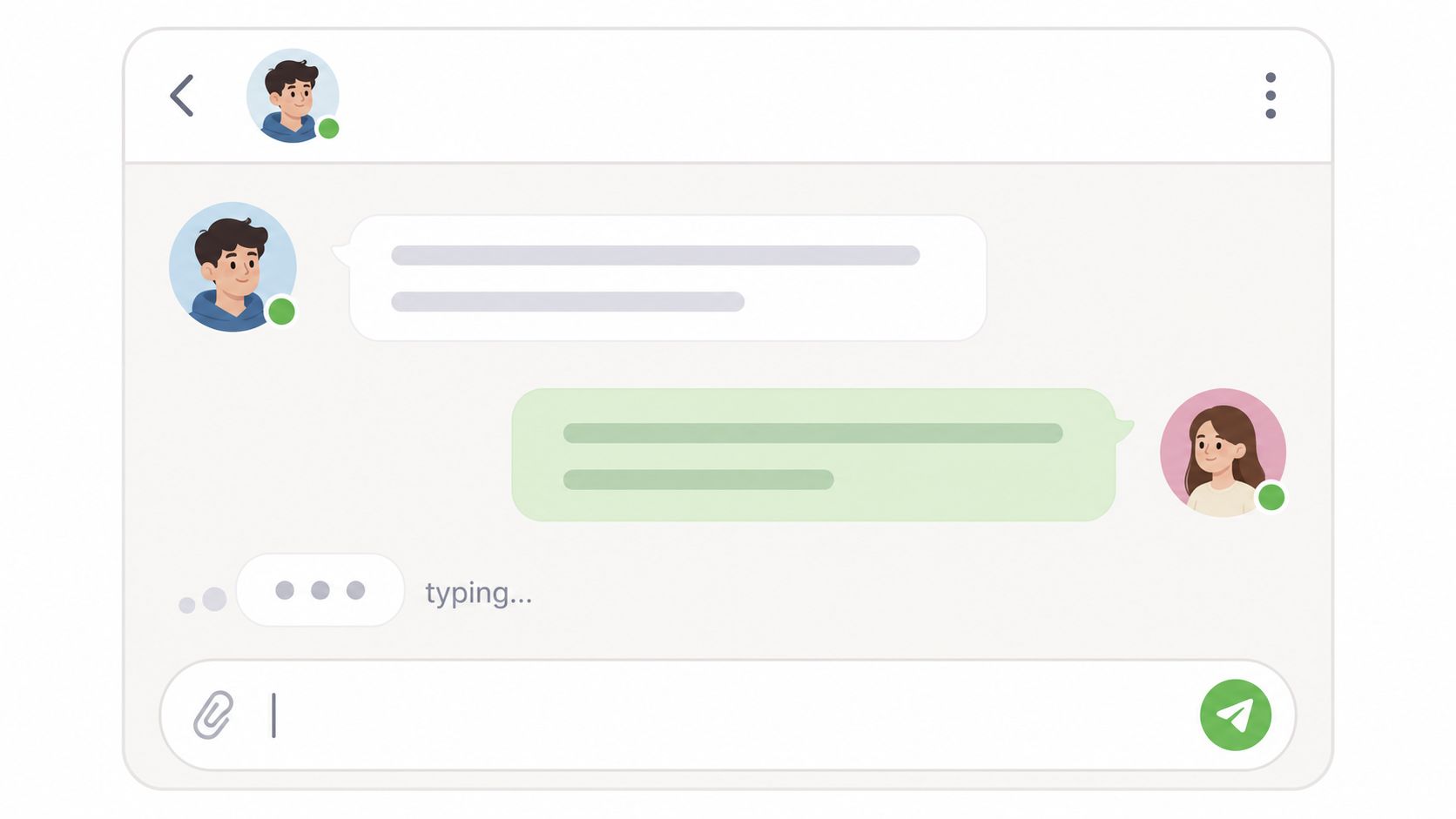 A digital illustration of a mobile messaging interface featuring user avatars, speech bubbles, and typing indicators.