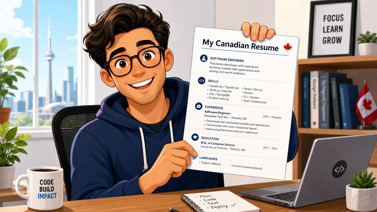 A friendly software engineer in Toronto presenting his professional resume for a Canadian tech career opportunity.