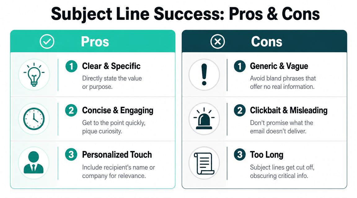 A comparison chart showing best practices for successful email subject lines with three pros and three cons.