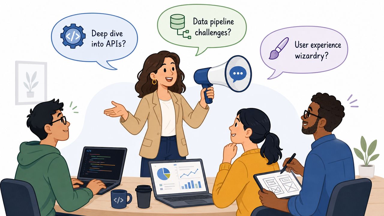 A professional woman uses a megaphone to collaborate with her diverse team in a modern office environment.