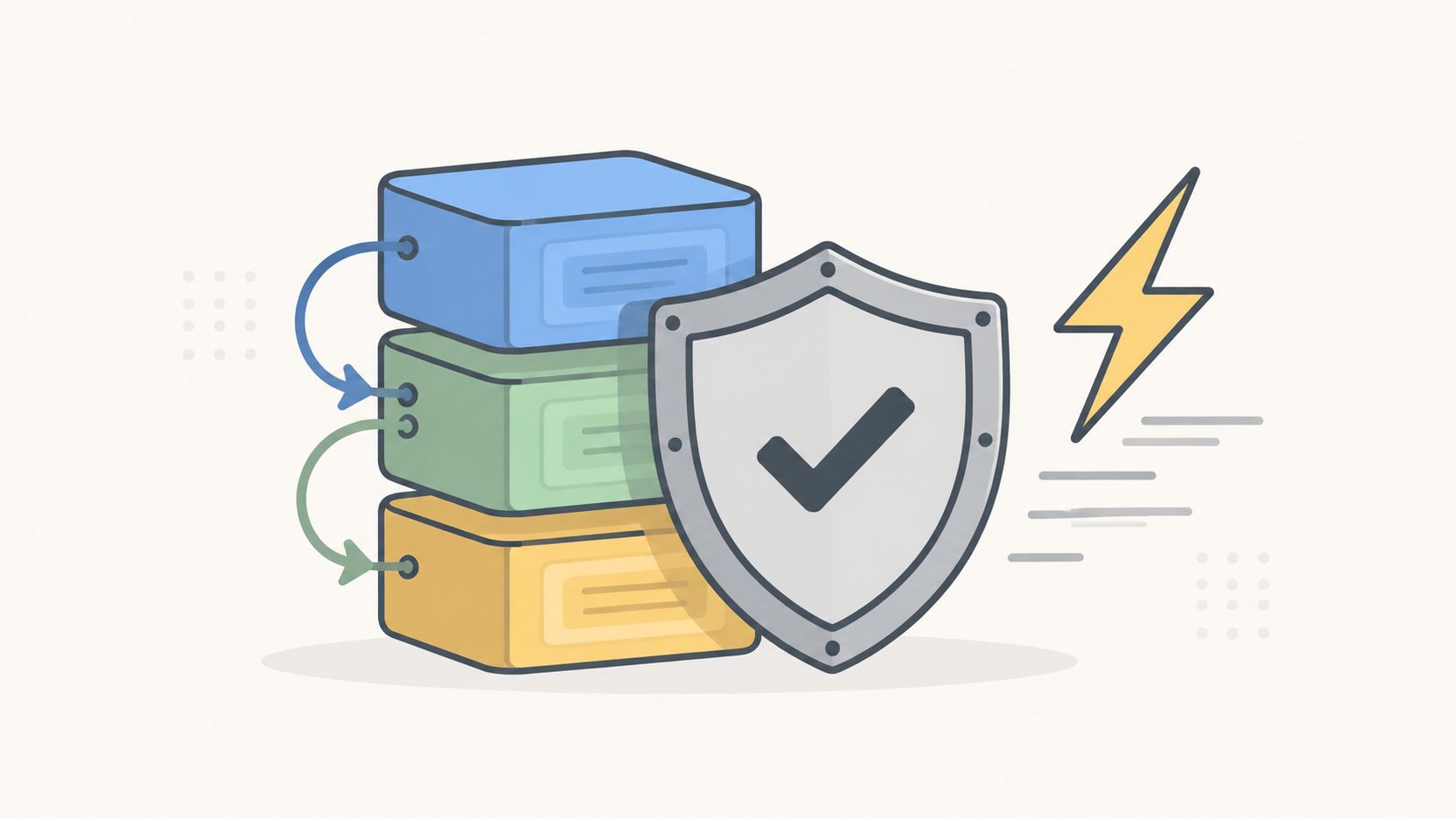 A conceptual illustration of a stacked computer server icon protected by a secure shield symbol.