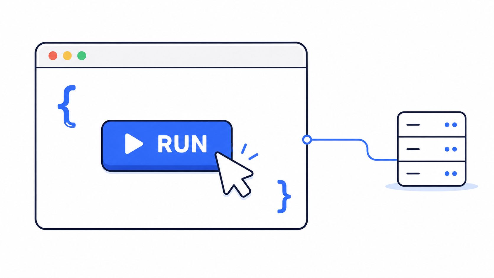A digital interface featuring a run button connected to a server, representing remote code execution.