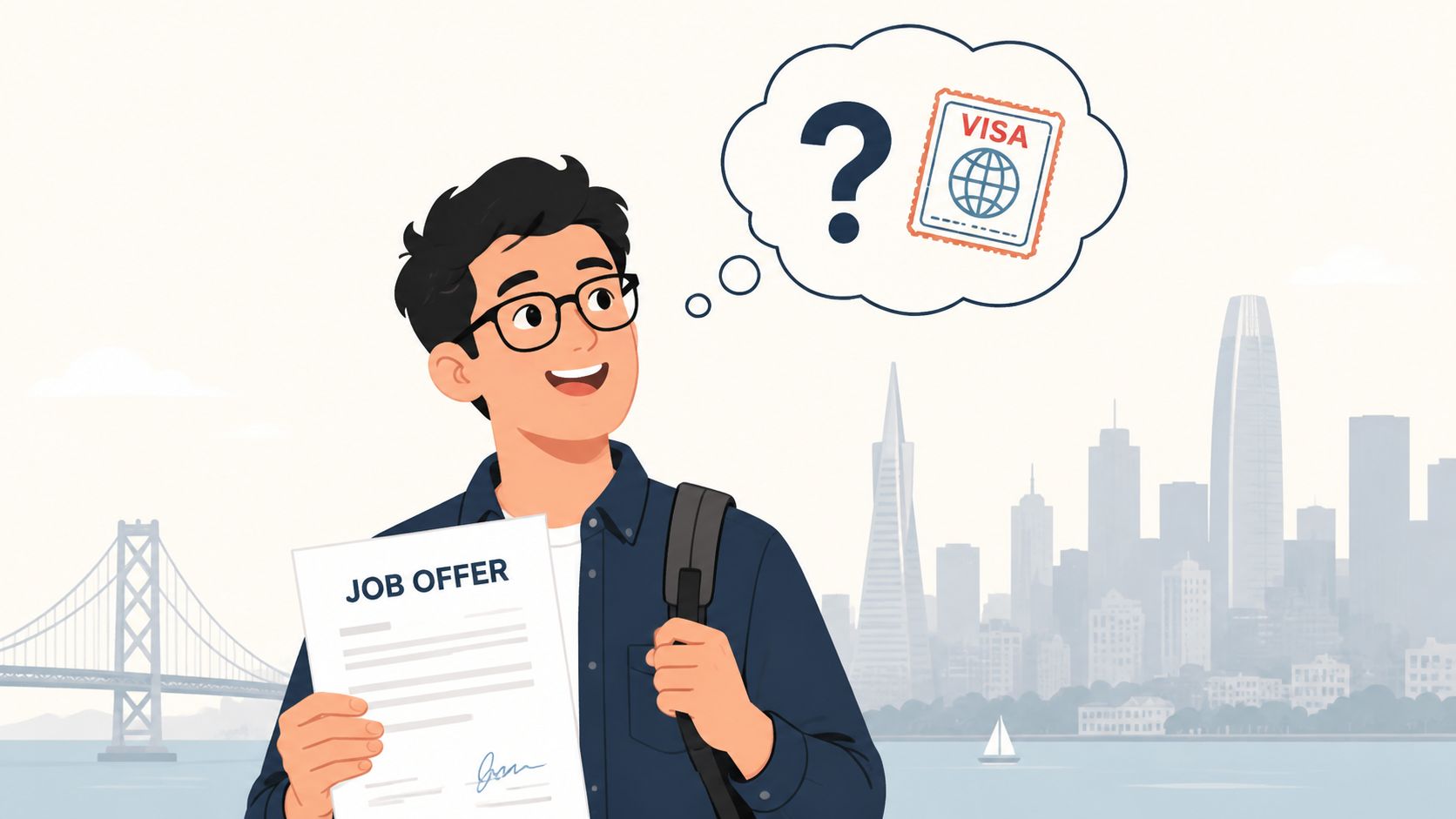 A young man holding a job offer letter thinking about obtaining a visa for international travel.