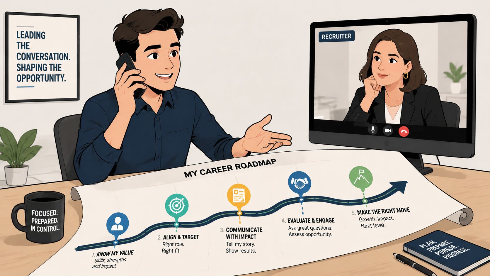 A professional man video conferencing with a recruiter while reviewing a career roadmap on his desk.