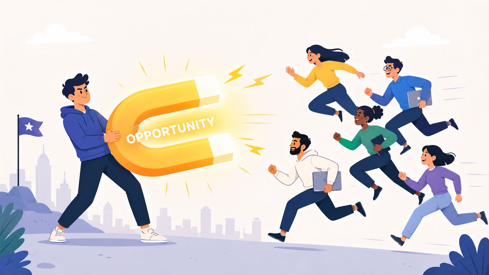 A person holding a large magnet labeled opportunity attracting several career-oriented professionals running towards them.