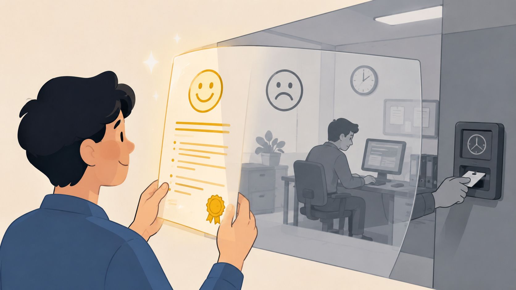 A person holding a positive job evaluation while looking at a monotonous office environment, illustrating workplace dissatisfaction.
