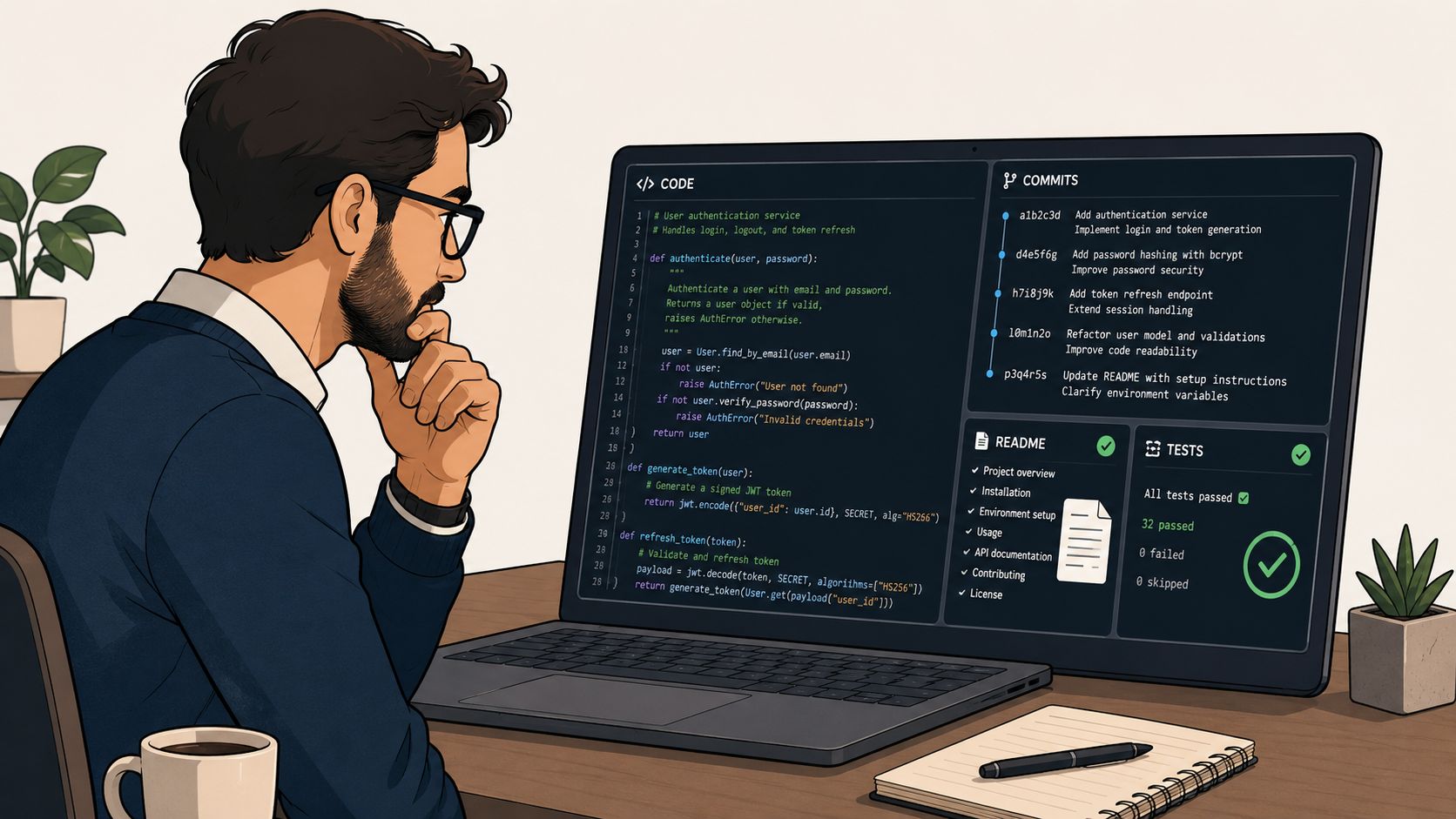 A professional software developer reviewing code on a laptop screen displaying repository commits and testing results.