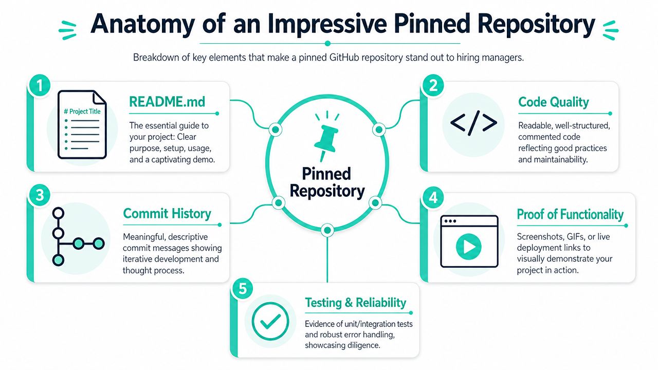 An infographic detailing the five key elements of an impressive and professional pinned GitHub repository.