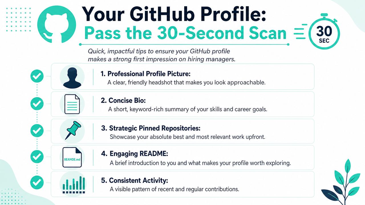 An infographic detailing five key elements for an impressive professional GitHub profile to attract hiring managers.