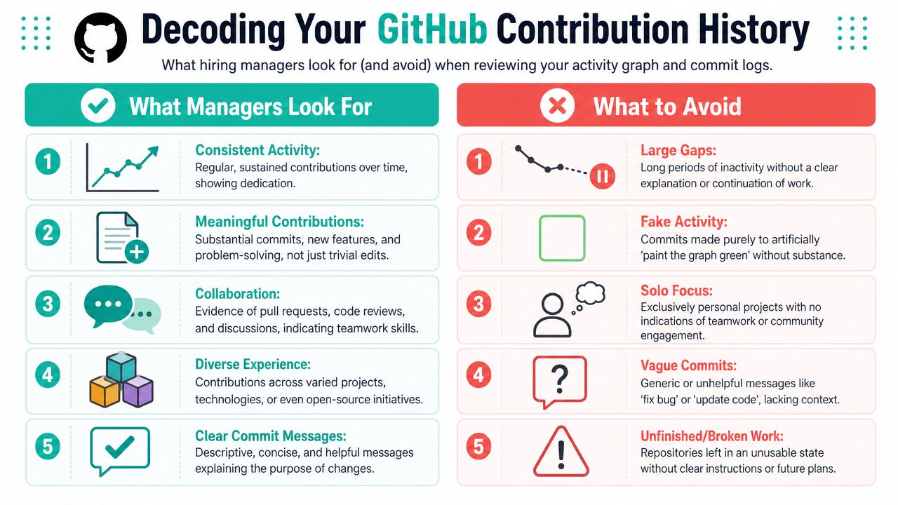 An infographic titled Decoding Your GitHub Contribution History illustrating best practices and common pitfalls for developers' GitHub profiles.