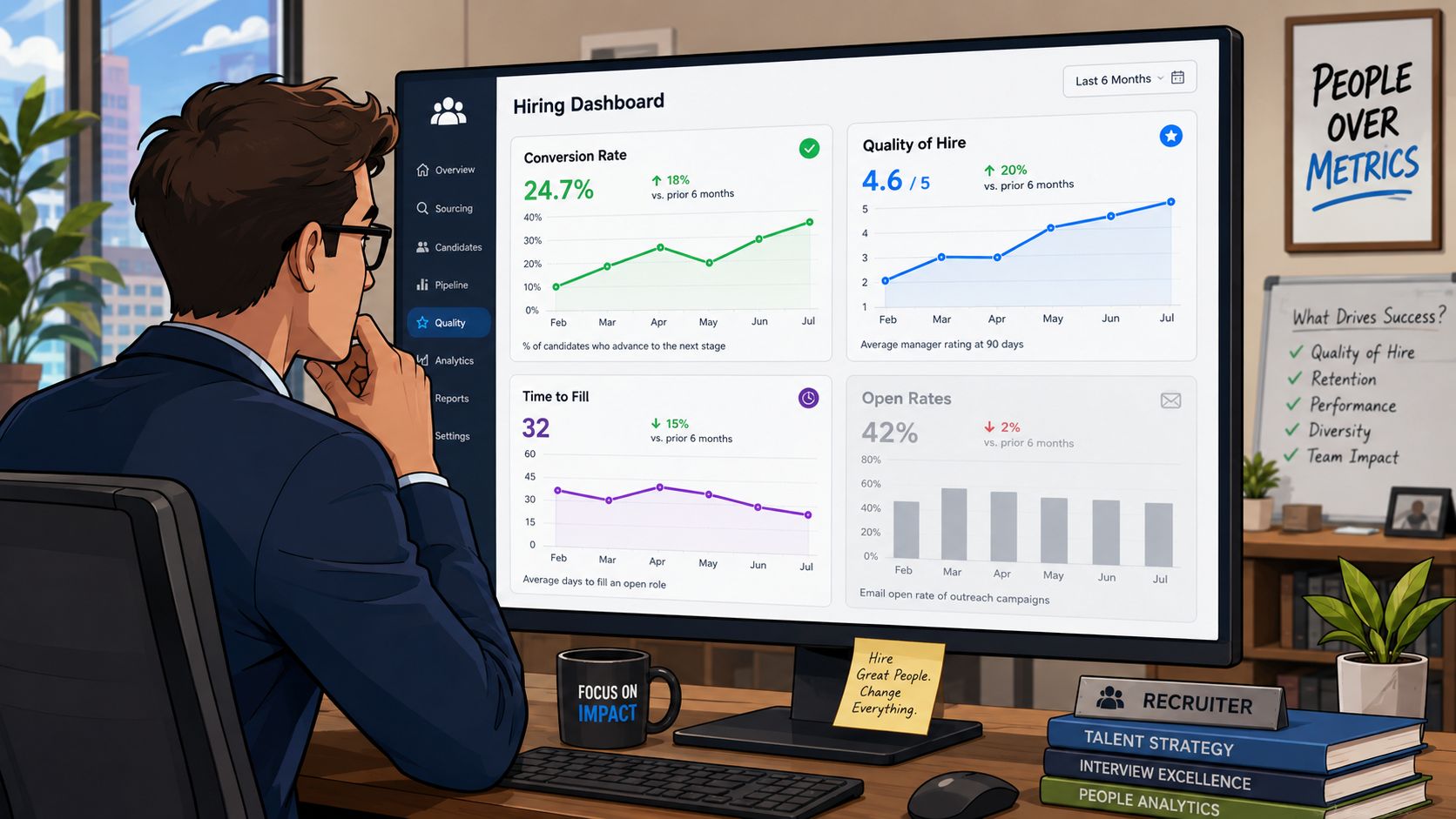 A professional recruiter analyzing a hiring dashboard on a computer screen in a modern office workspace.