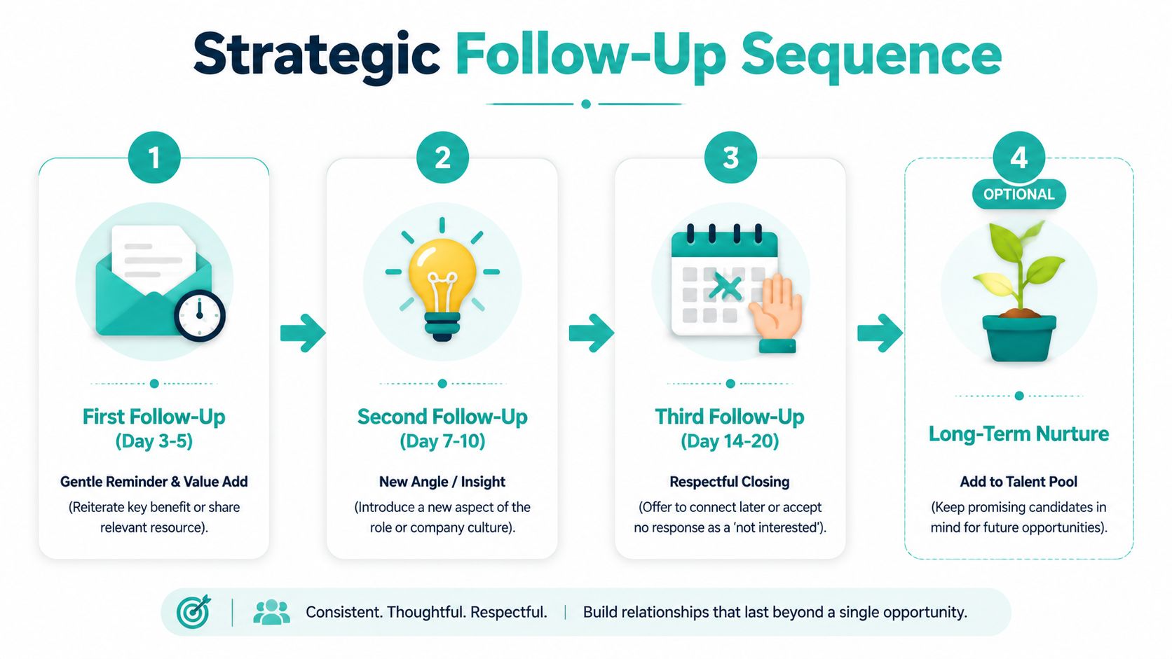 An infographic illustrating a four-step strategic recruiting follow-up sequence for consistent and respectful candidate engagement.