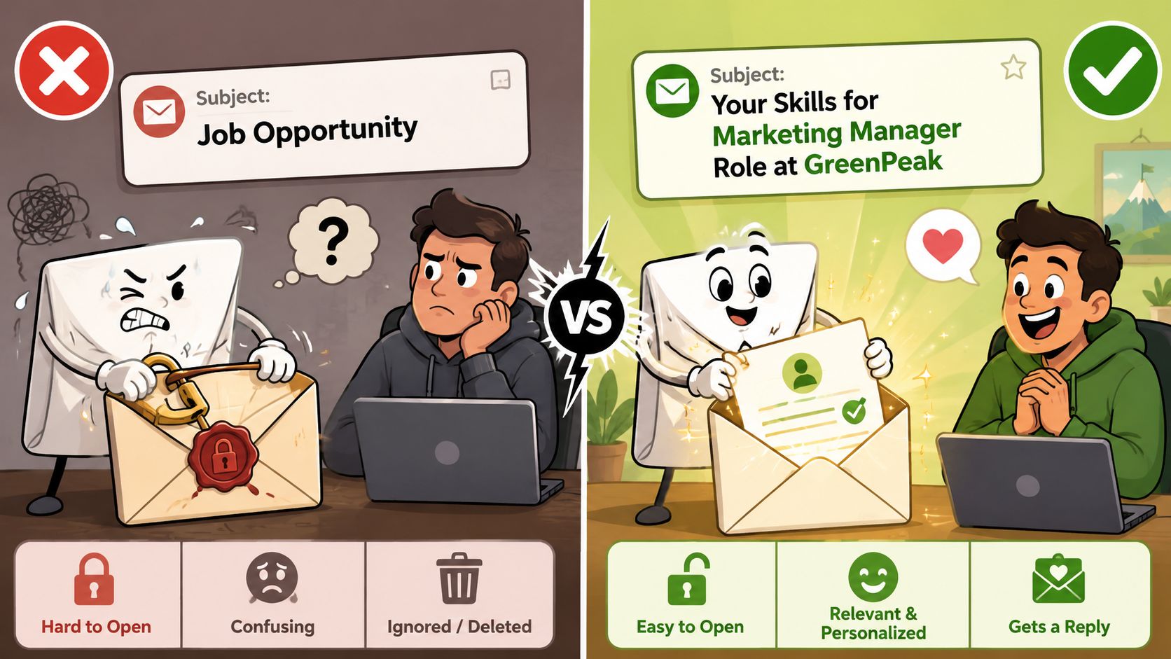 A comparison showing an ineffective vague recruiting email versus a personalized and professional email opportunity.