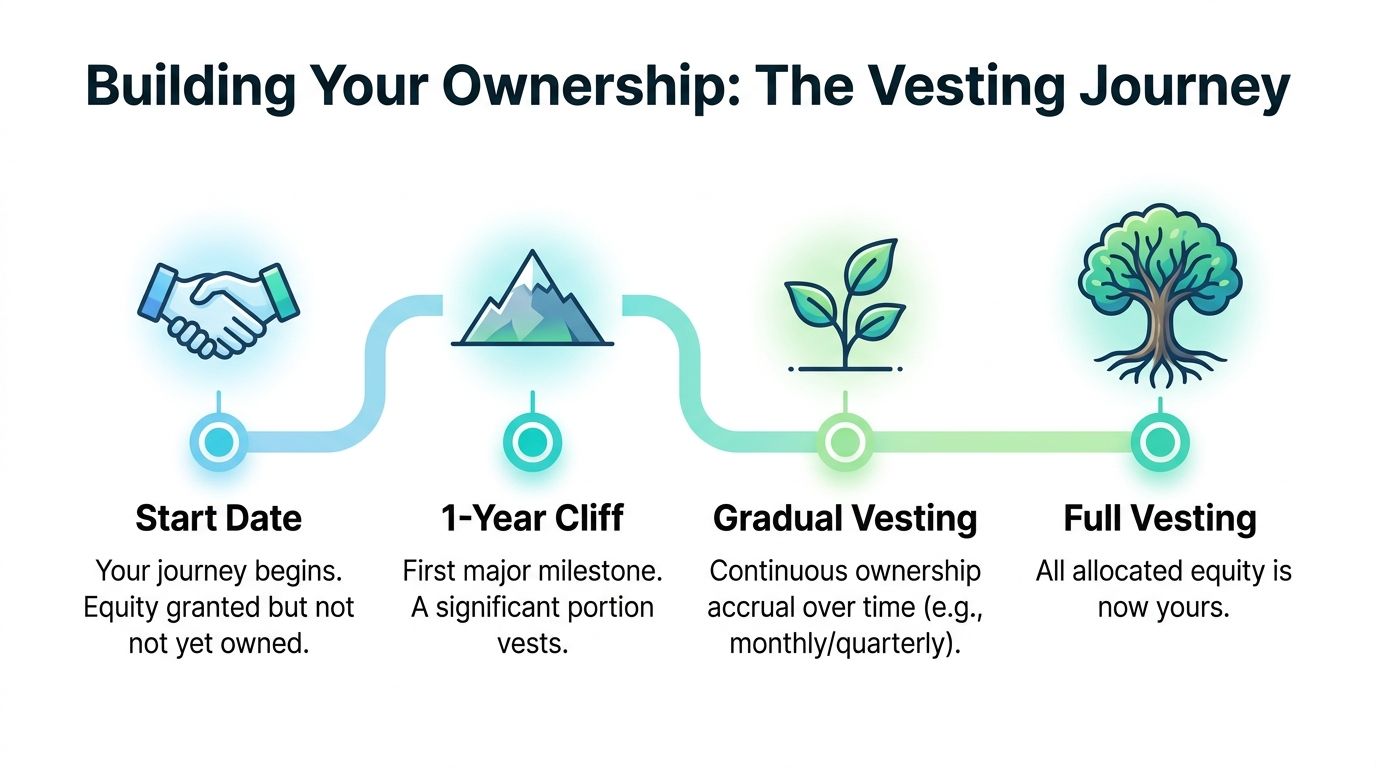 A visual infographic explaining the stages of an equity vesting schedule from start date to full vesting.