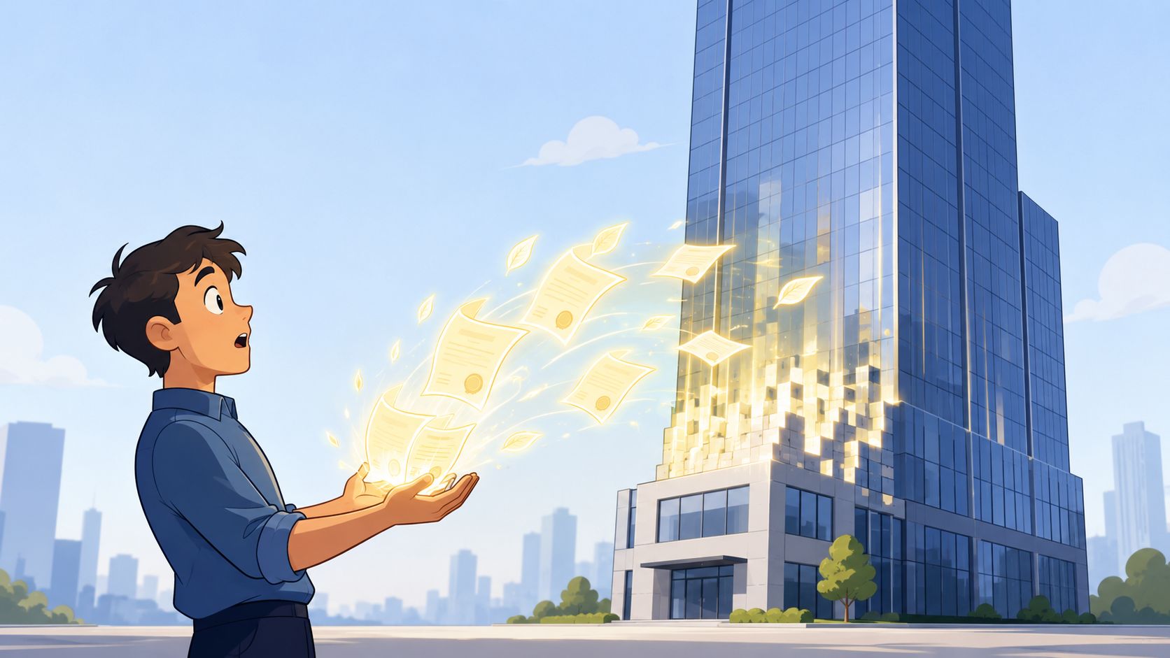 A young man looking in awe at glowing documents flying toward a modern office building.