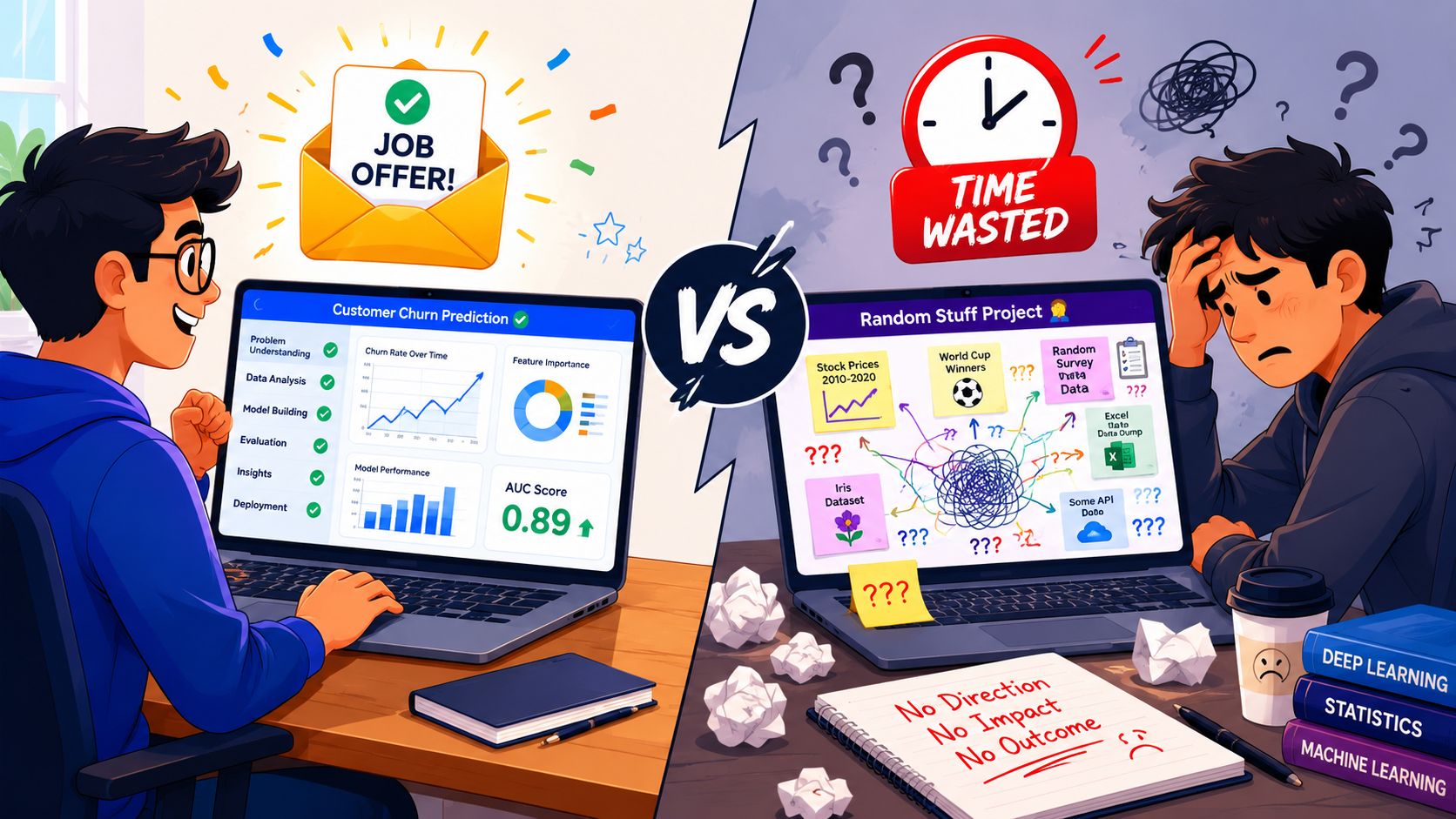 An illustration comparing a focused data scientist receiving a job offer versus an overwhelmed student wasting time.