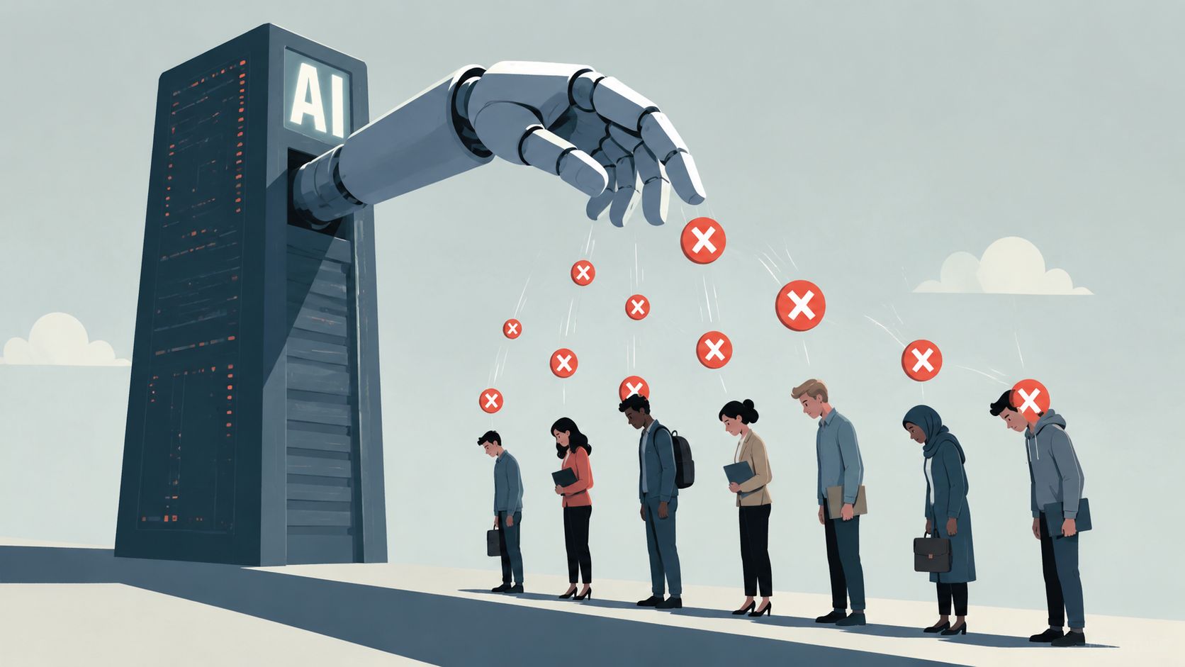 A robotic AI hand placing red X marks above job applicants, symbolizing rejection and unemployment.
