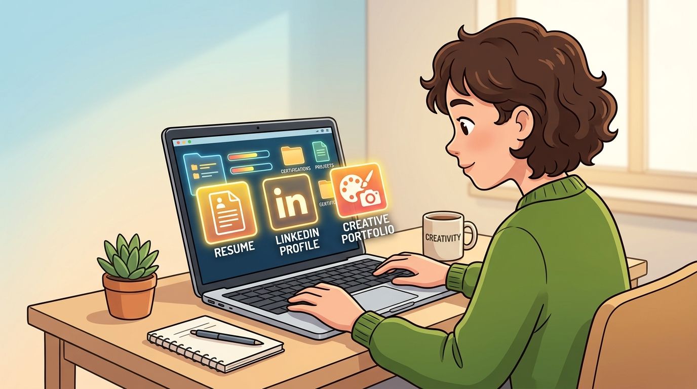 A person sits at a desk working on a laptop displaying resume, LinkedIn, and creative portfolio icons.