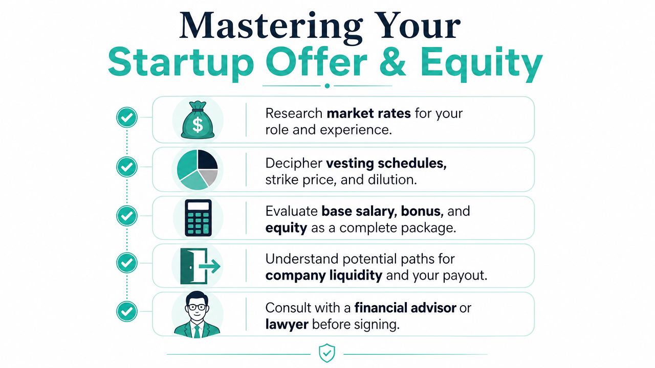 An infographic titled Mastering Your Startup Offer and Equity with five key tips for job candidates.